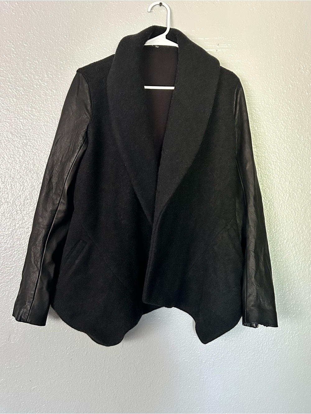 Theory Clairene Wool Cashmere Open Front Jacket Lambskin Leather Trim Black S